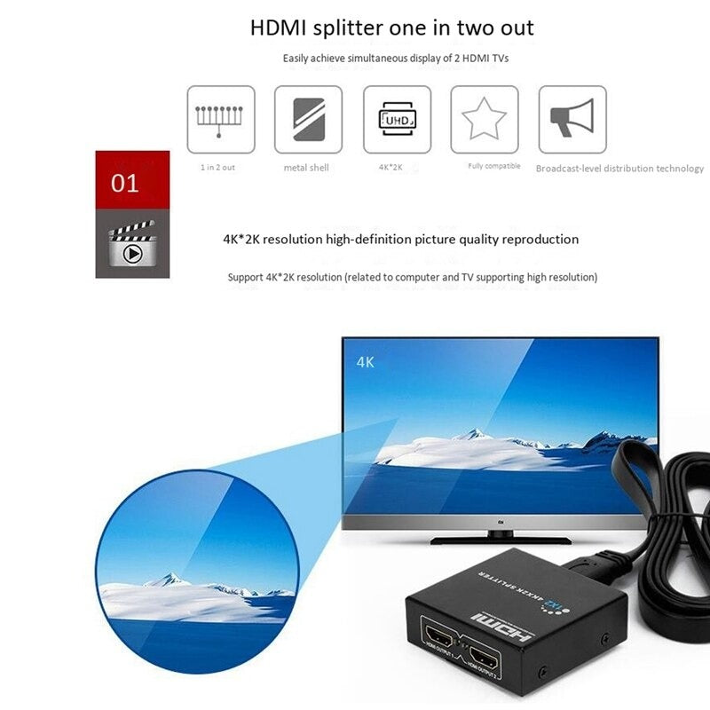 HDMI Splitter HDMI Switch 1X2 4Kx2K Split 1 In 2 Out Amplifier Display For HDTV DVD PS3